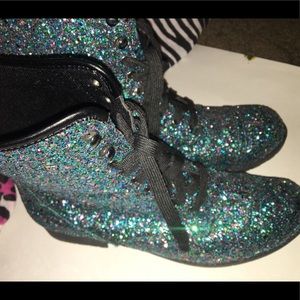 Green and blue glitter combat boots